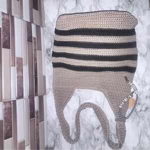 Tommy Bahama Beige and Black Striped Crochet Shoulder Bag
